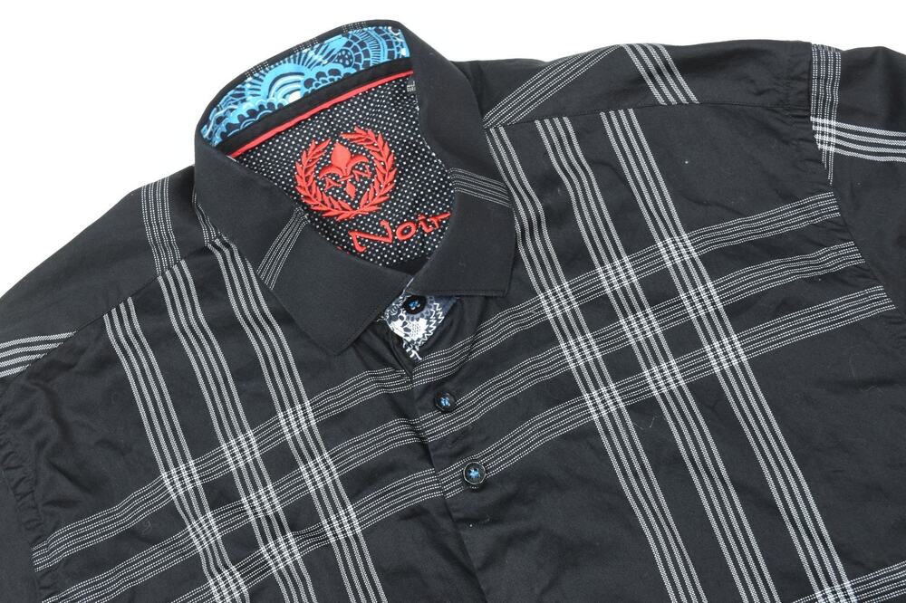 Au Noir Shirt Mens 5 Black Gray Plaid Long Sleeve Button-Up Cotton Slim Fit
